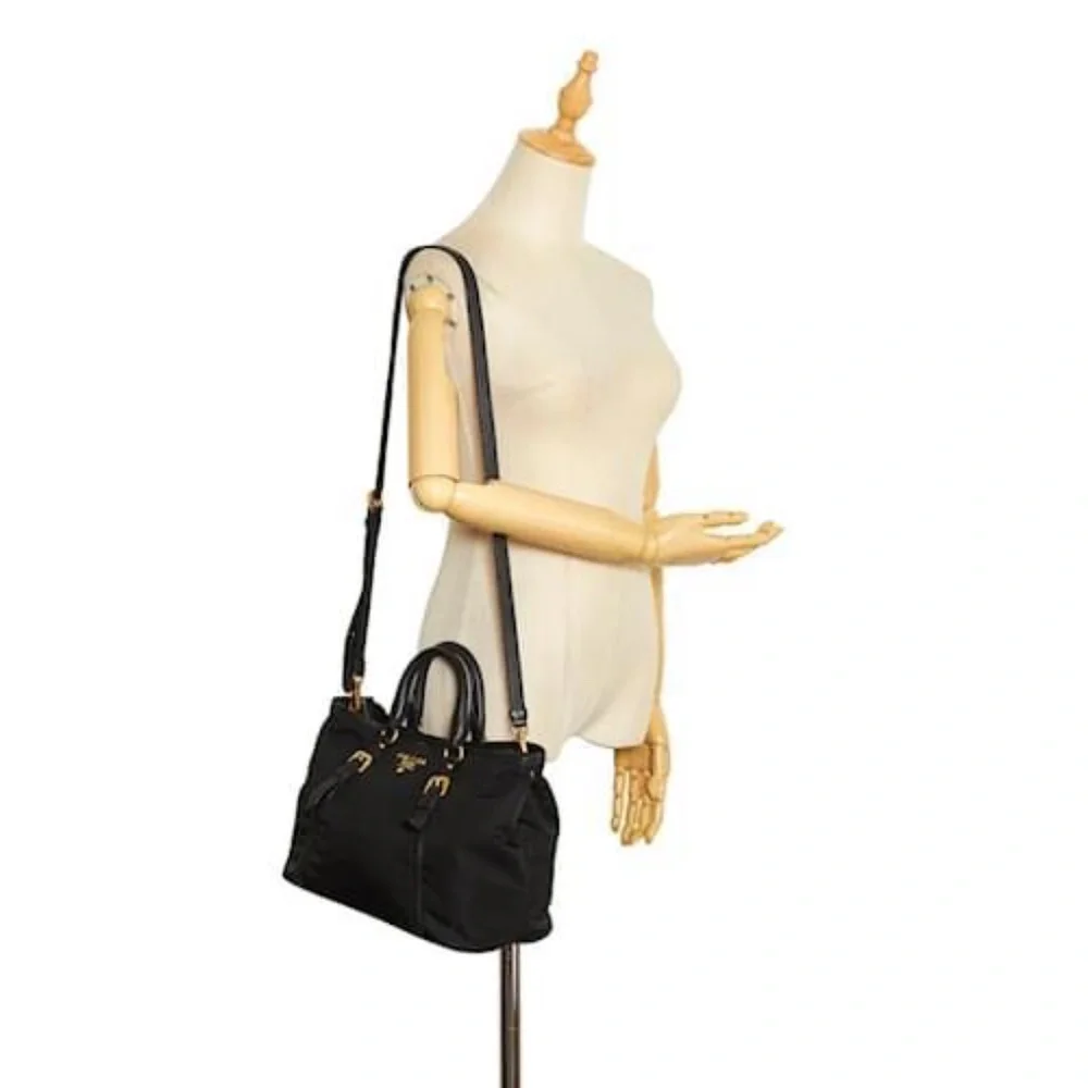 Authentic Prada Nylon and Leather Satchel Bag Black